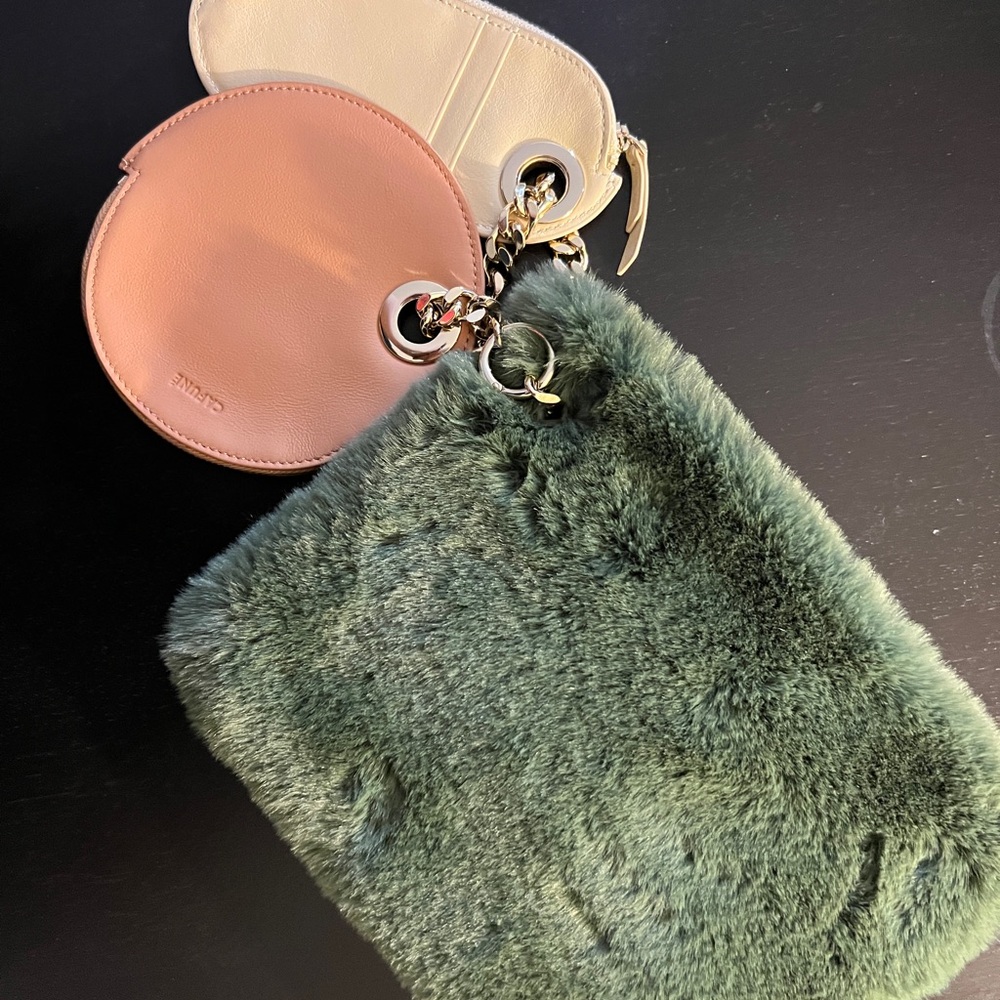 Chic Green Fur and Leather Pouch Set